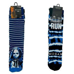 Megan Horror Movie Doll Novelty Blue Striped Long 2-Pair Crew Socks Size 6.5-12